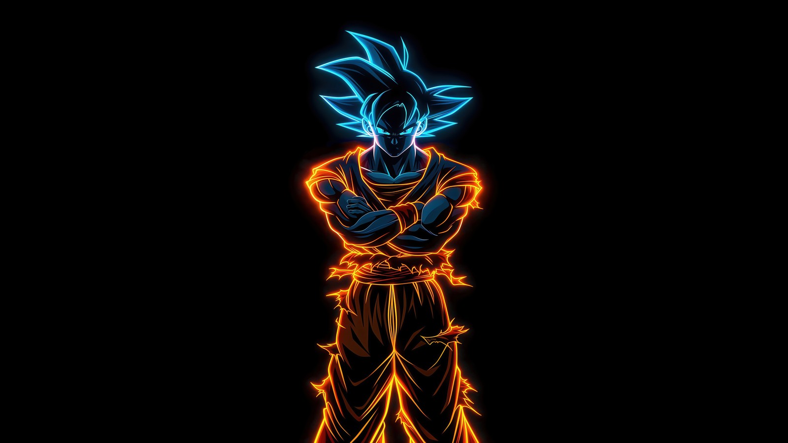 Un dragon très cool avec des yeux bleus brillants et une queue lumineuse (son goku, amoled, luisant, arrière plan noir, 5k)