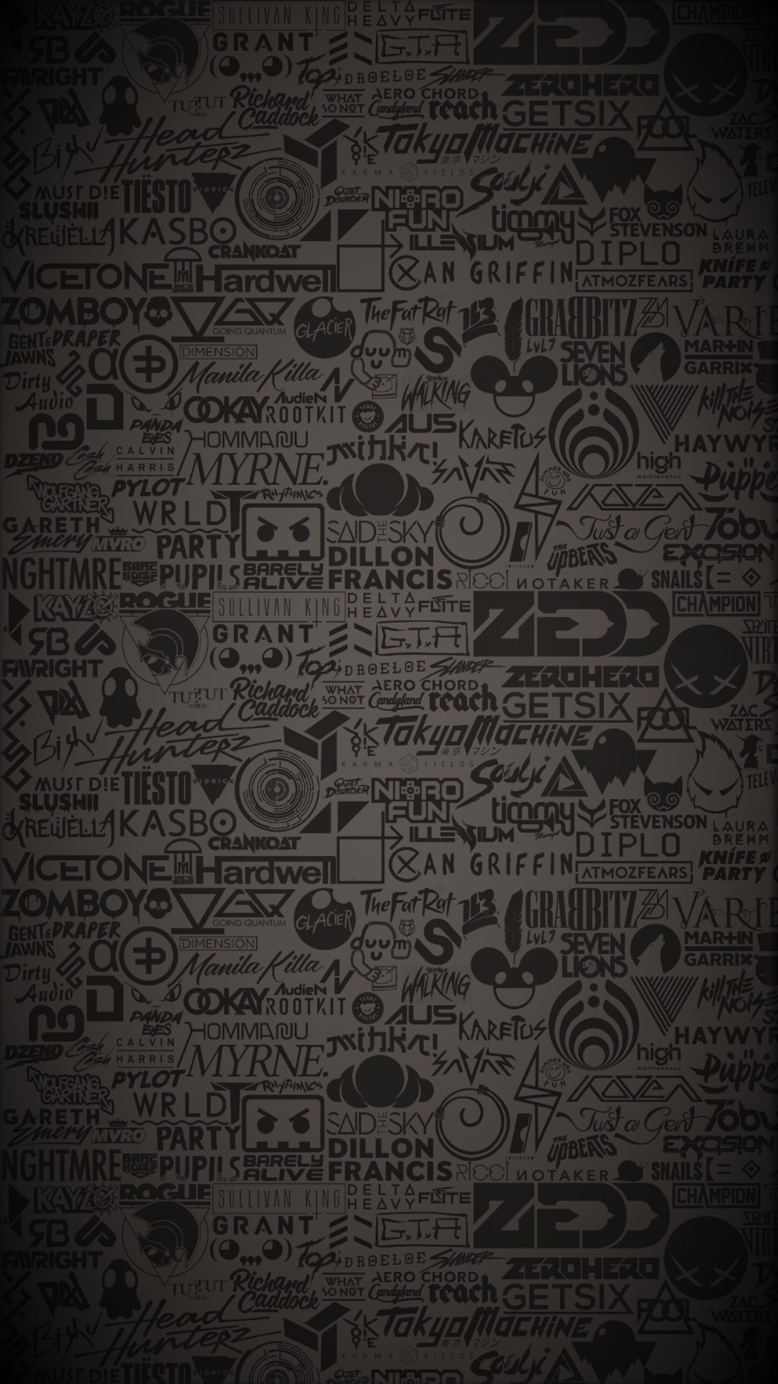 A close up of a black and white wall with many different types of logos (black, dark, dj, grey, music)