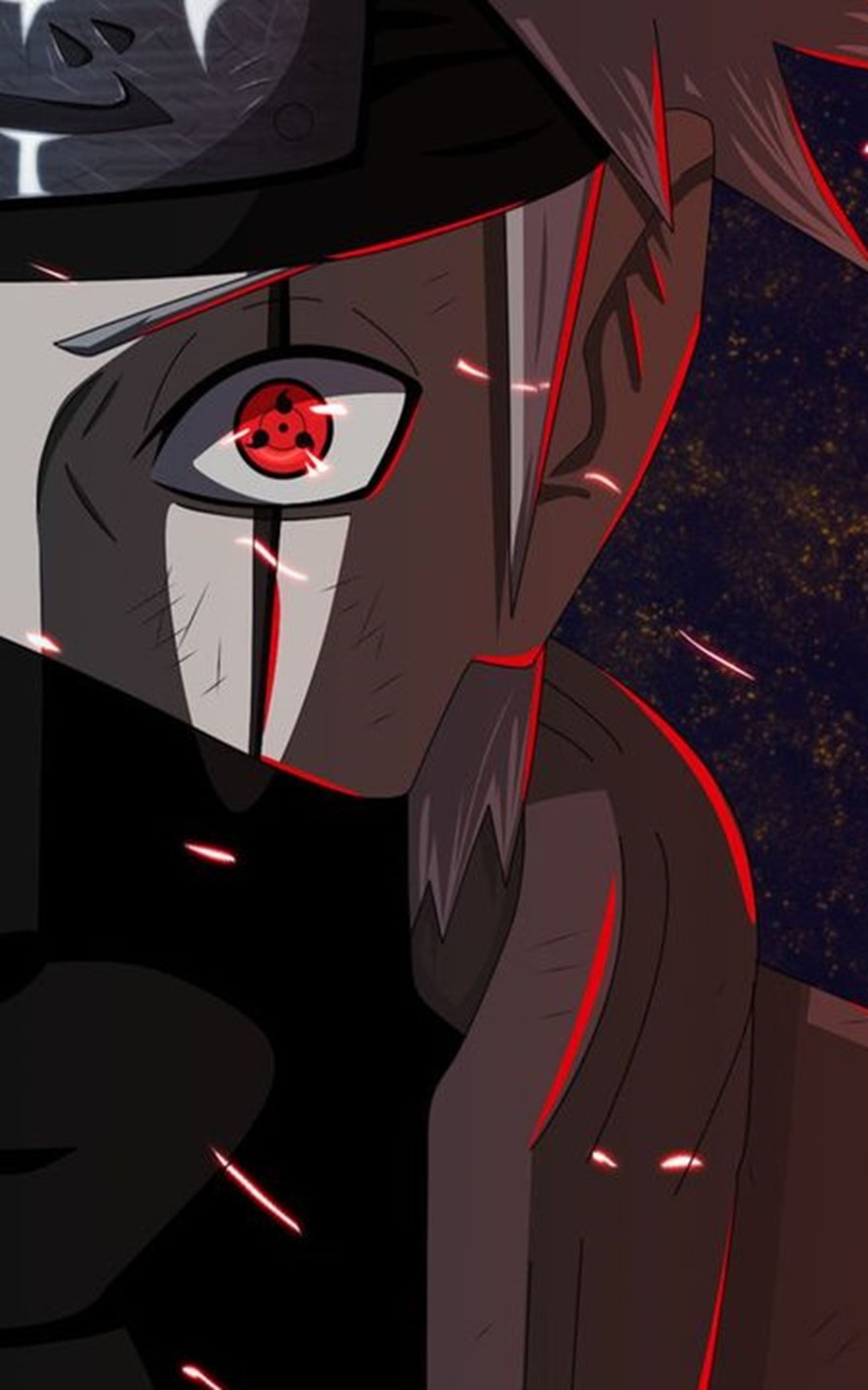 Un primer plano de una persona con un ojo rojo y un sombrero negro (anime, kakashi)