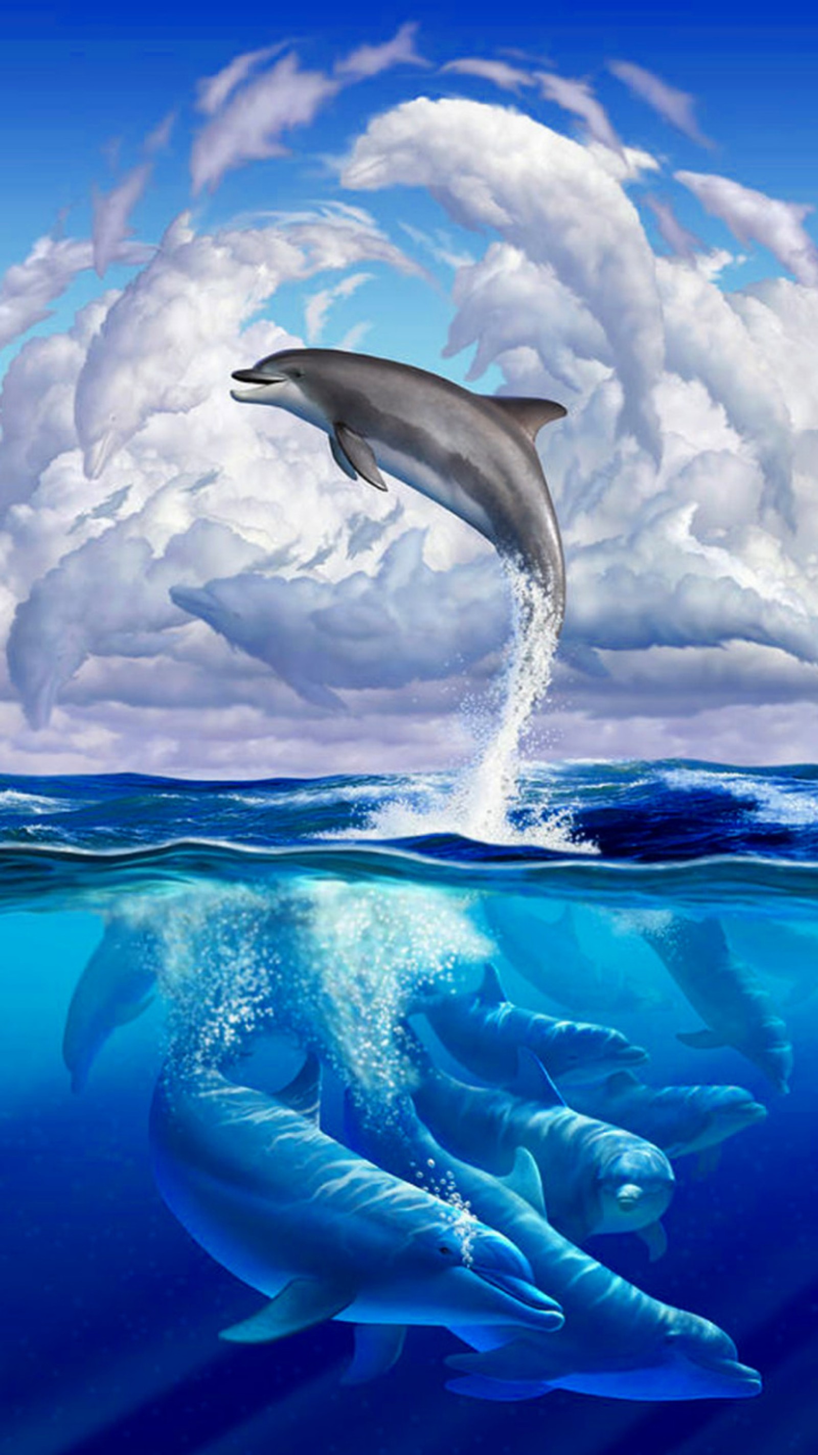 Dolphins swimming in the ocean with a cloudy sky in the background (art, blue, clouds, dolphin, sea)