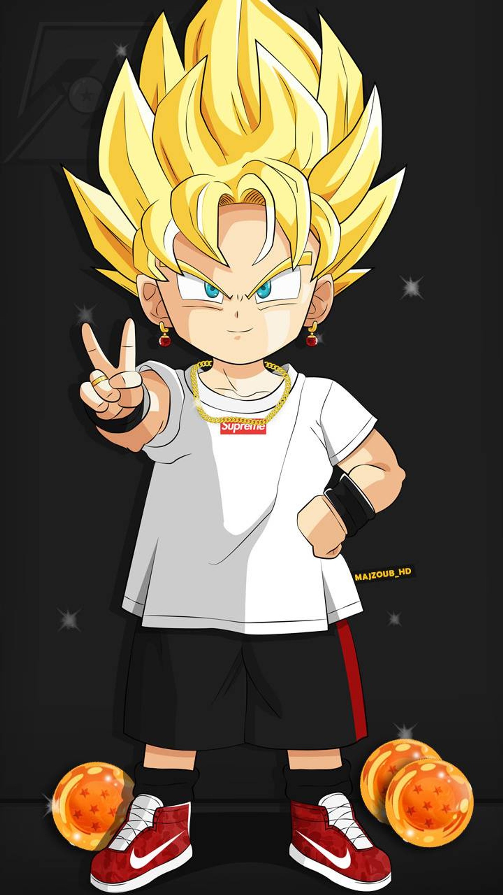 Un dibujo de caricatura de un joven gohan con un signo de paz (pelota, dragón)