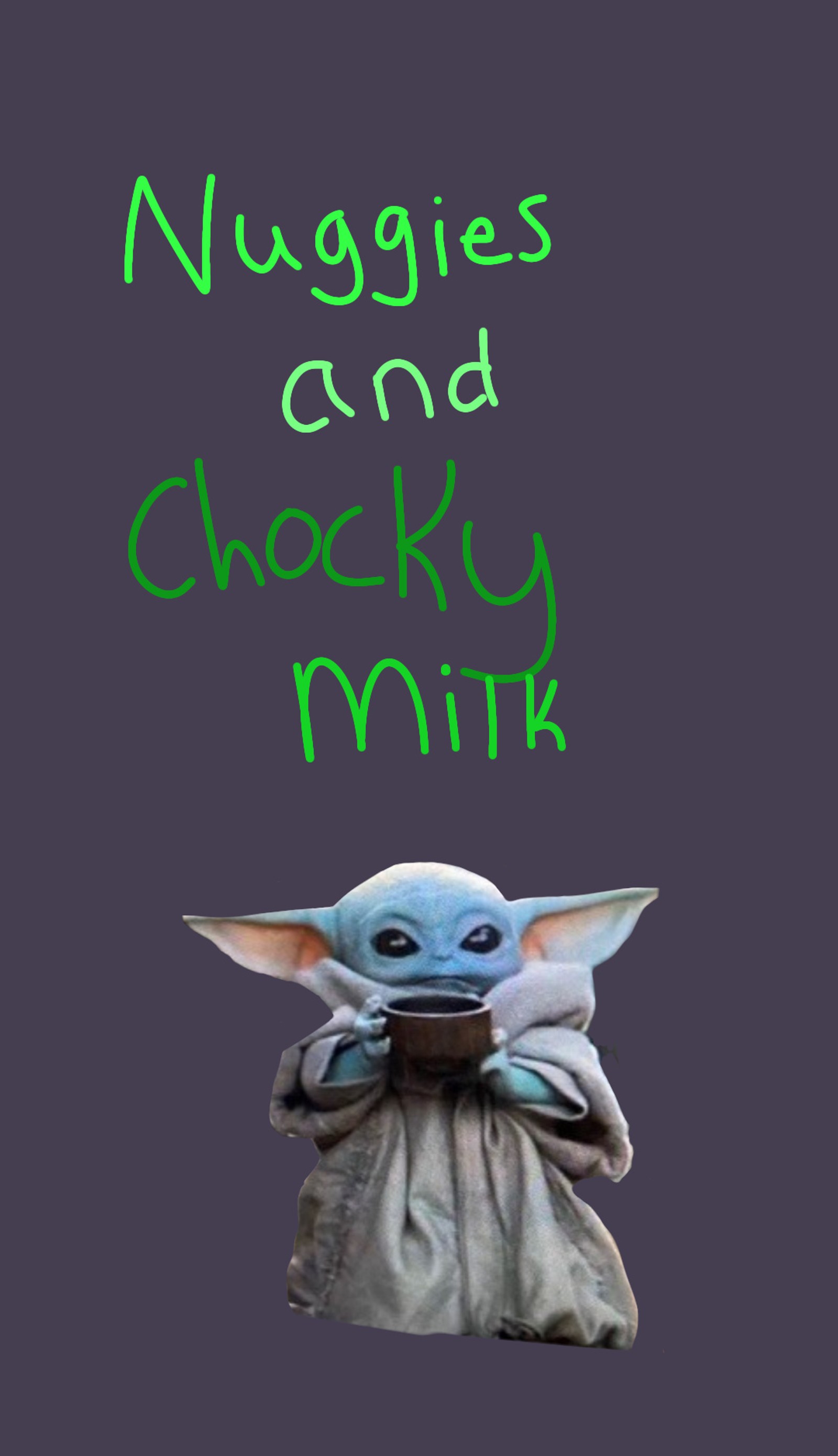 Nahaufnahme von baby yoda, der eine schüssel milch hält (baby, baby yoda, chocky milk, nuggies, yoda)