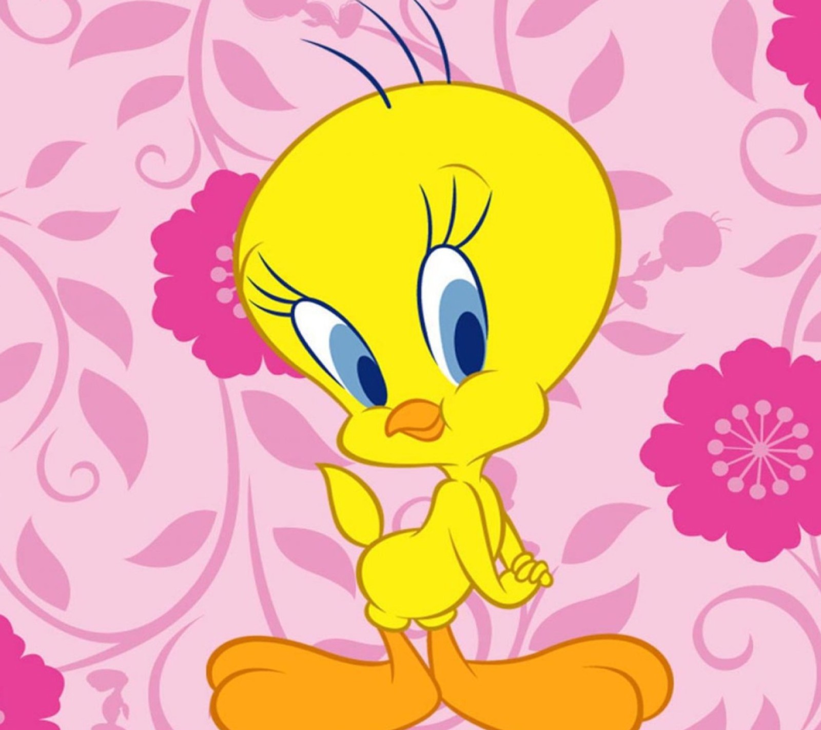 A close up of a cartoon bird with a pink background (awesome, love)