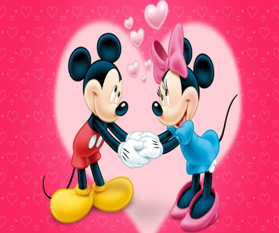 Mickey et Minnie Mouse partageant un moment d'amour sur un fond en forme de cœur