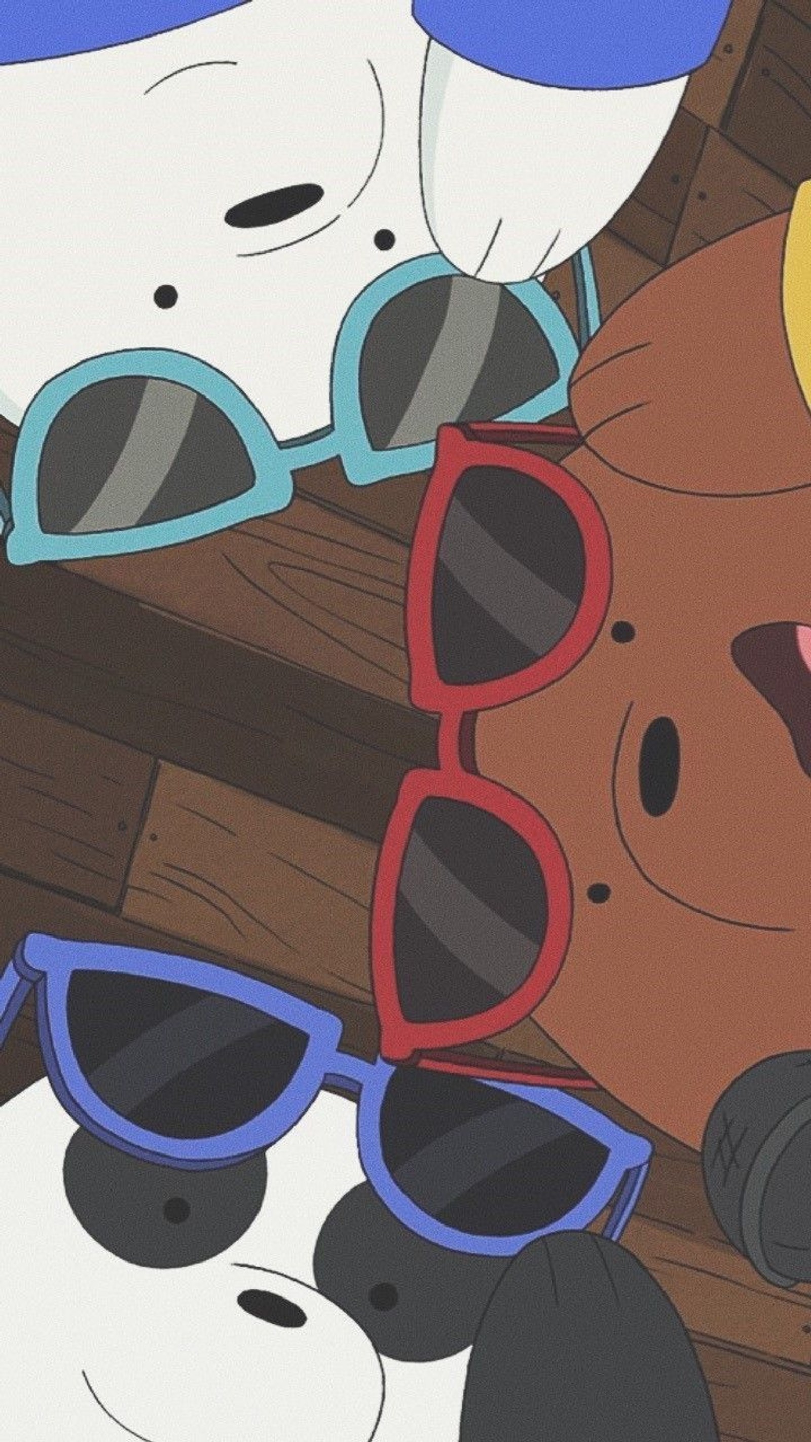 Des personnages de dessin animé portant des lunettes de soleil et des chapeaux sont assis sur un banc en bois (ours, panda, glace, grizzly, mignon)