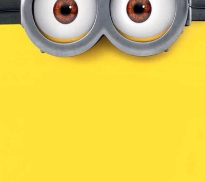 Minion with oversized goggles and expressive eyes against a bright yellow background.