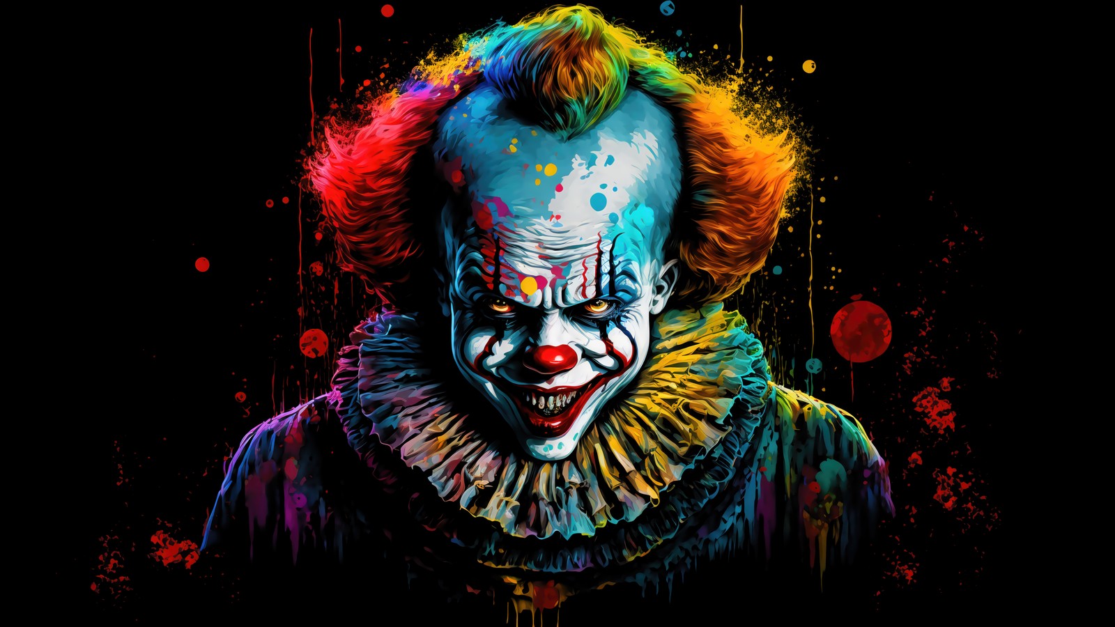 Крупный план клоуна с нарисованным лицом клоуна (пеннивайз, pennywise, ужас, страшный, цифровое искусство)