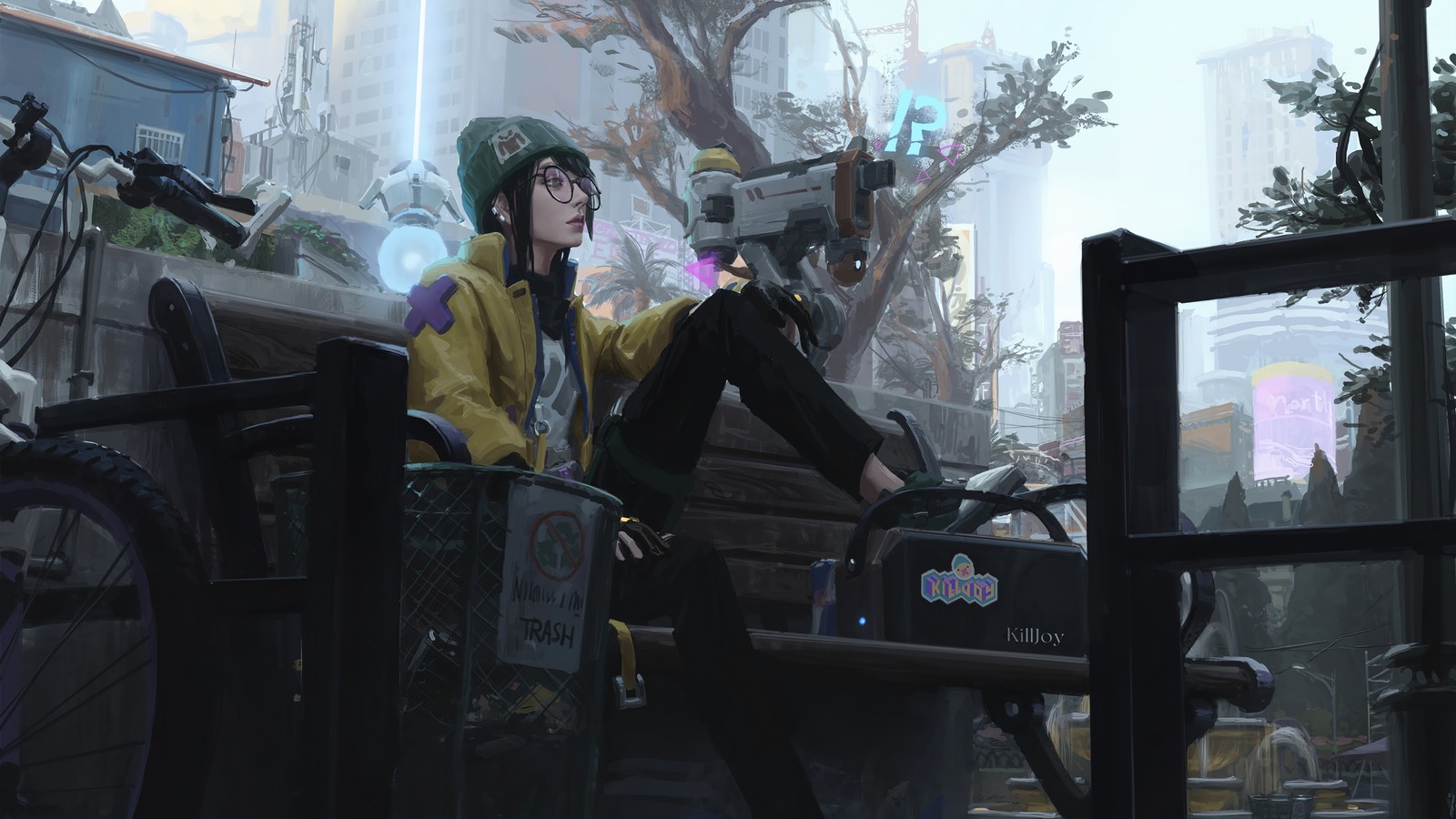 Anime - style image of a man sitting on a bench in a city (killjoy, valorant, video game)