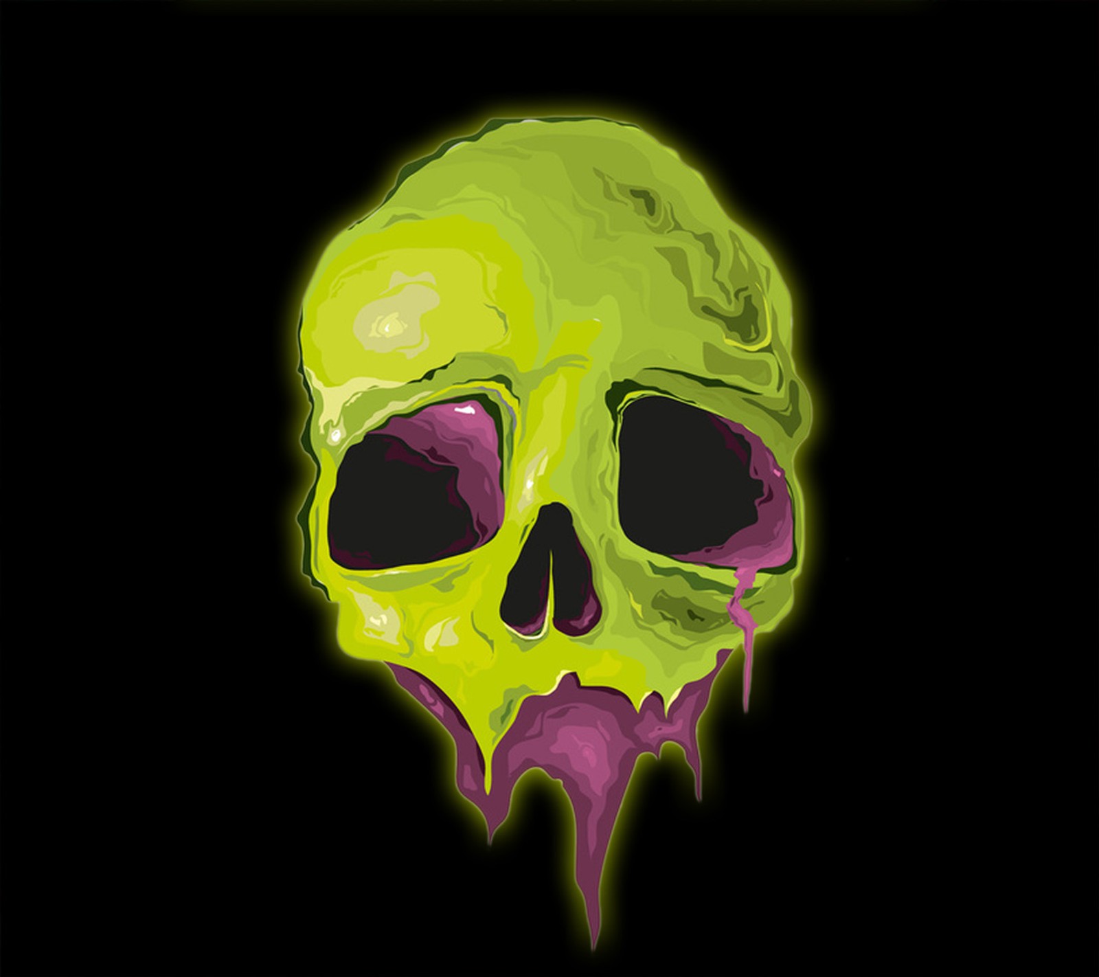 There is a green skull with a purple nose and a black background (black, green, skull)