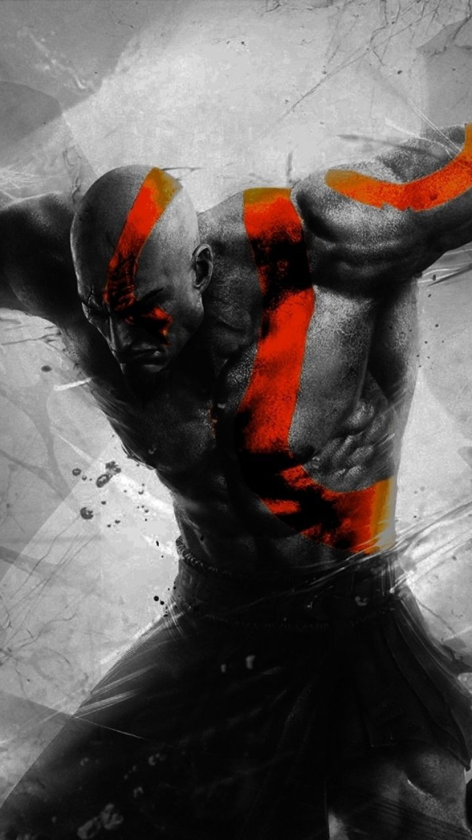 A close up of a man with a red and orange paint on his body (god, gow, inmortal, kratos, ps4)