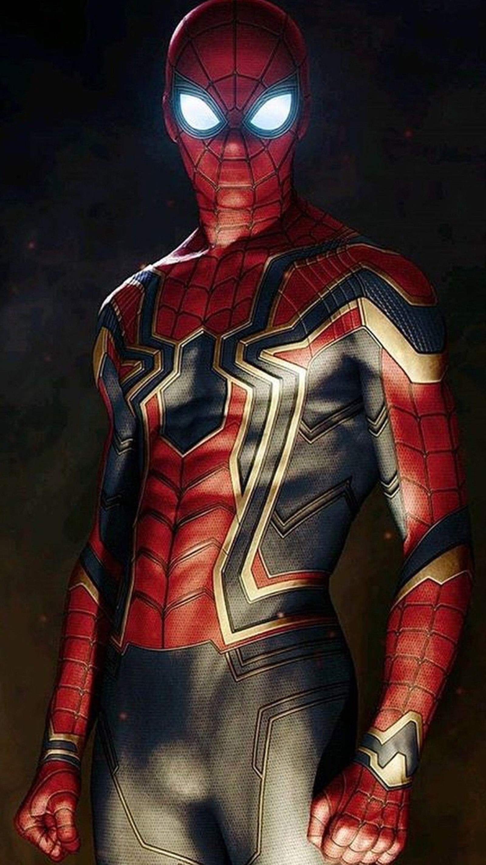 Spider-man en un costume avec des yeux lumineux debout dans l'obscurité (avengers, noir, bleu, homme, marvel)