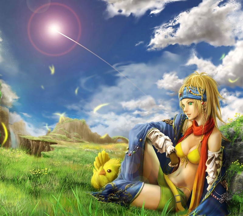 Une femme en tenue jaune assise sur un champ de gazon (anime, fille)