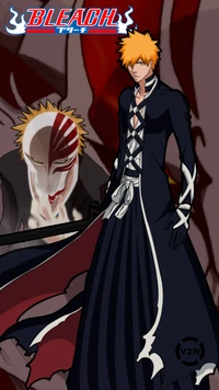 Ichigo Kurosaki en su forma de Soul Reaper, con un Menos Grande de fondo, del anime Bleach.