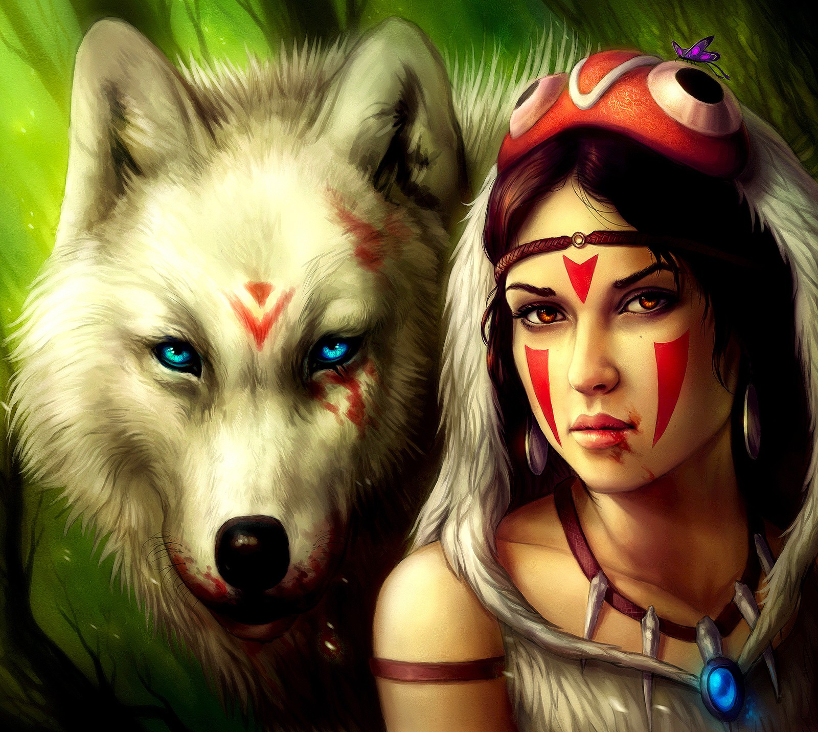 Pintura de una mujer con pintura facial nativa junto a un lobo (anime, arte, hd, nuevo)