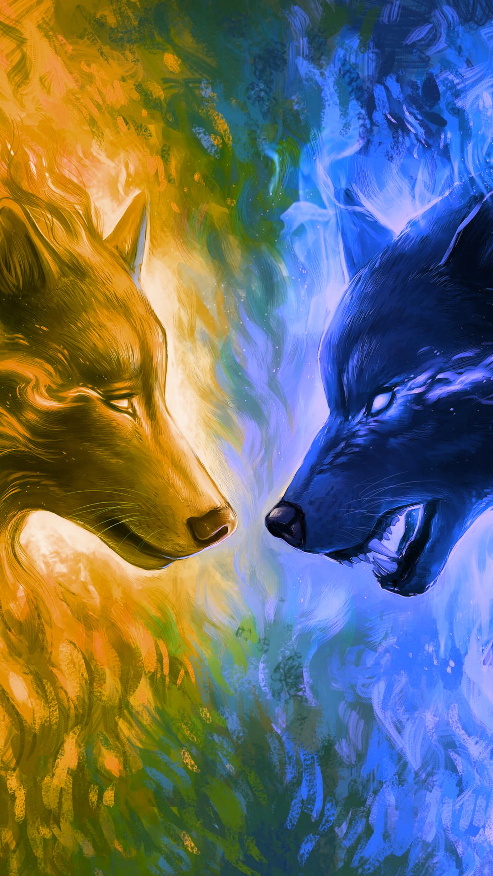 Painting of two wolfs facing each other with a bright background (animal, blue, fantasy, wolf, wolves)