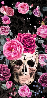 Caveira elegante adornada com rosas pink vibrantes