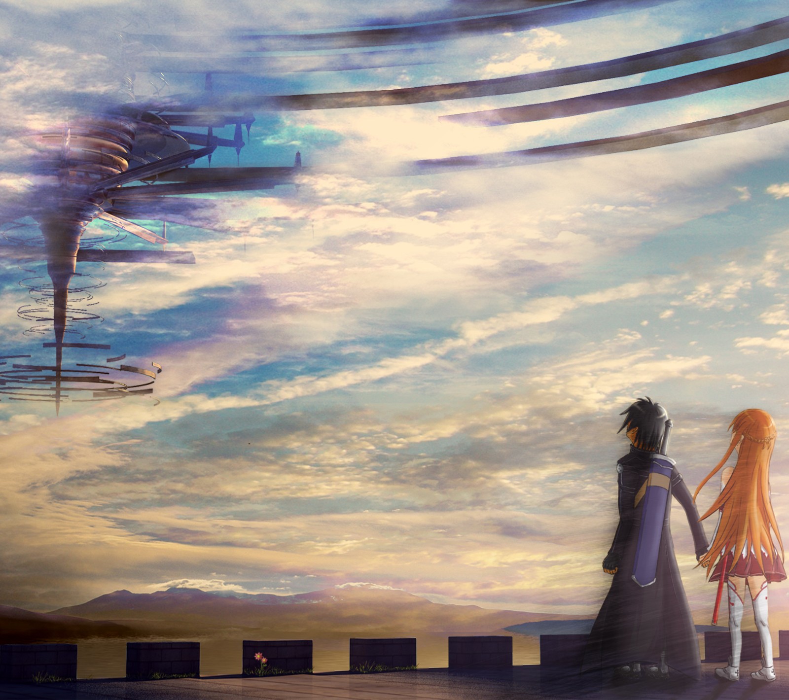 Anime scene of two people standing on a bridge looking at a plane (aincrad, anime, sao, sword art online)