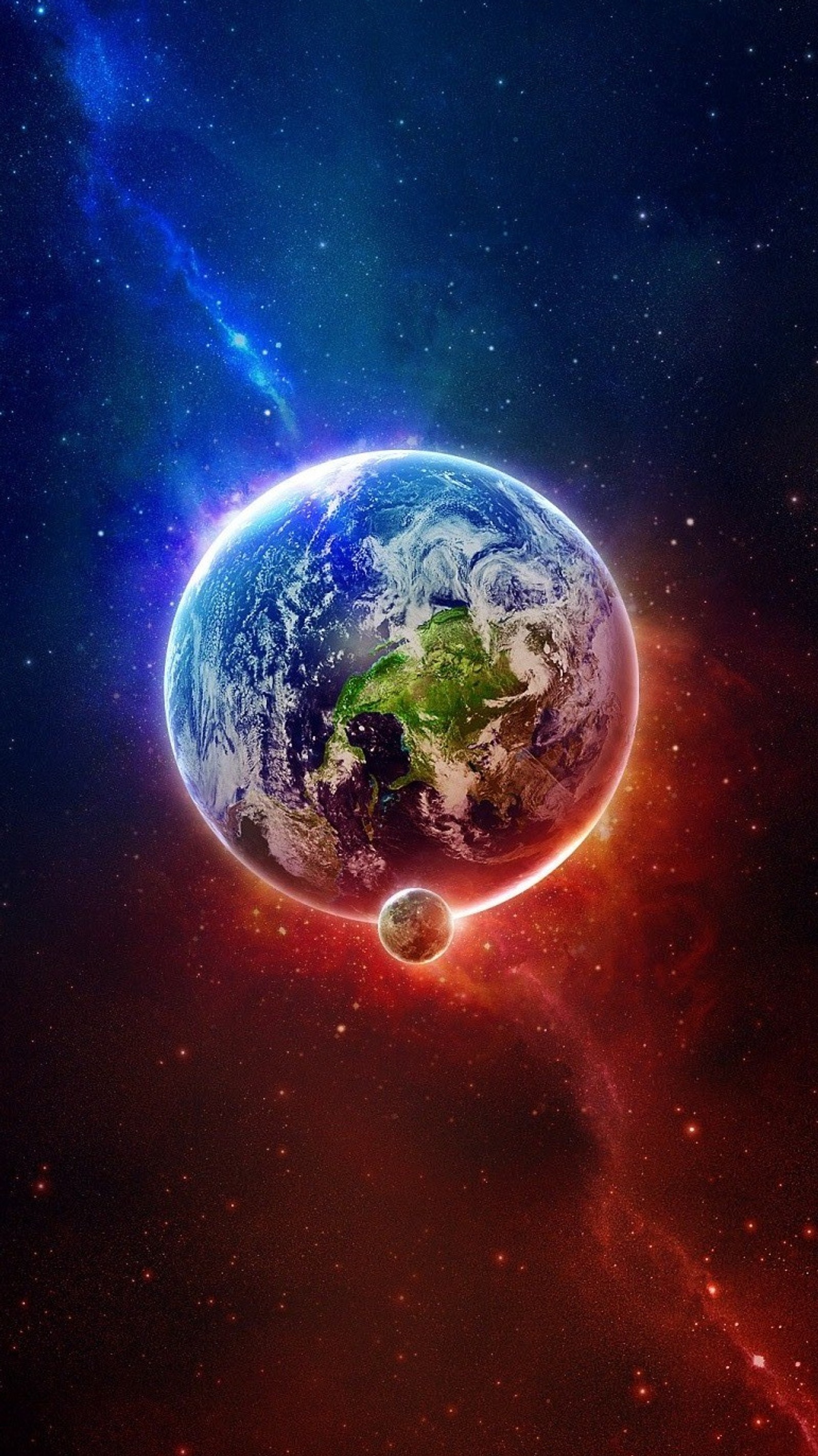 A close up of a planet with a bright blue and red background (earth, space)