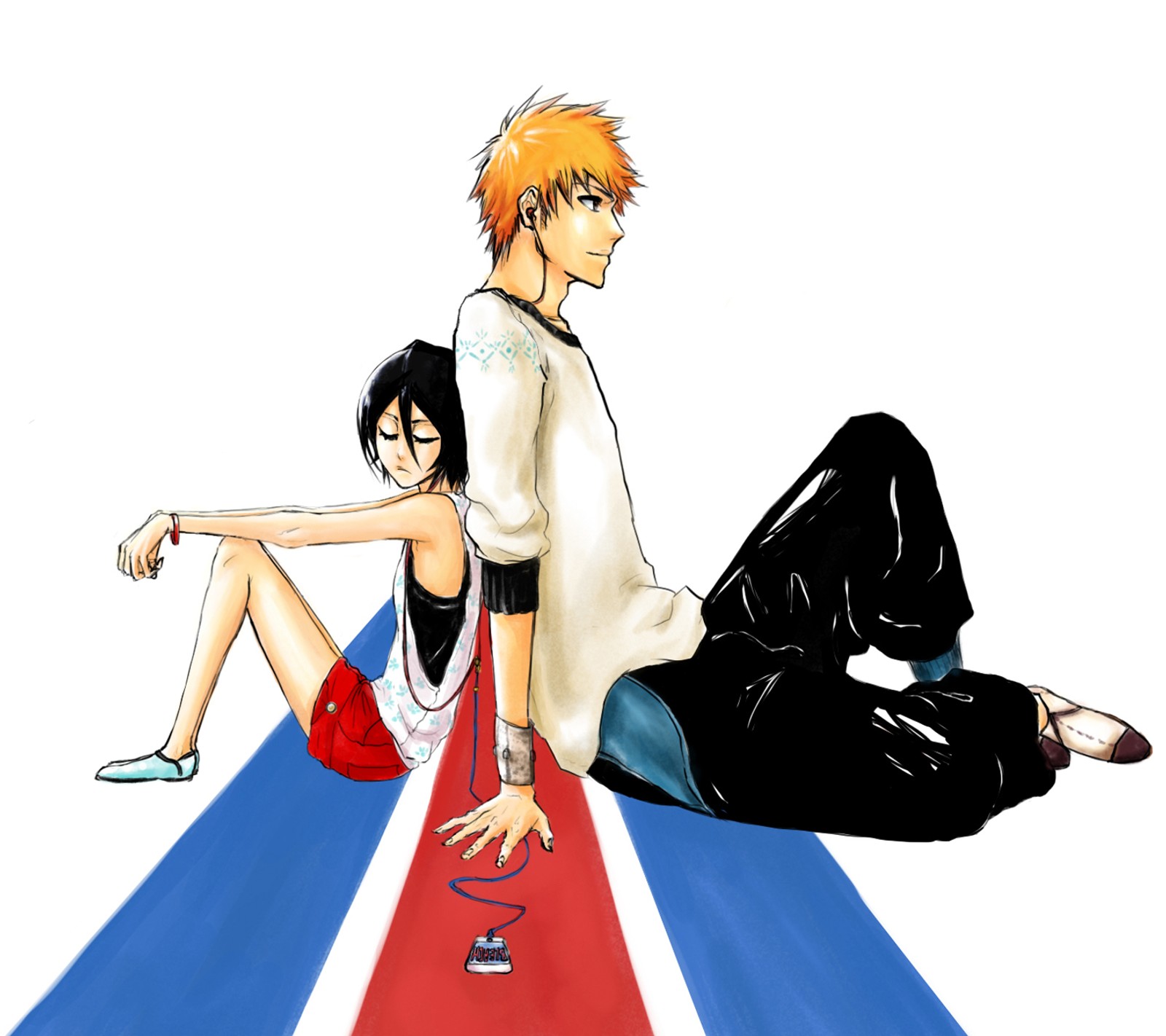 Anime couple sitting on a red carpet with a blue and white background (anime, bleach, girl, ichigo, rukia)