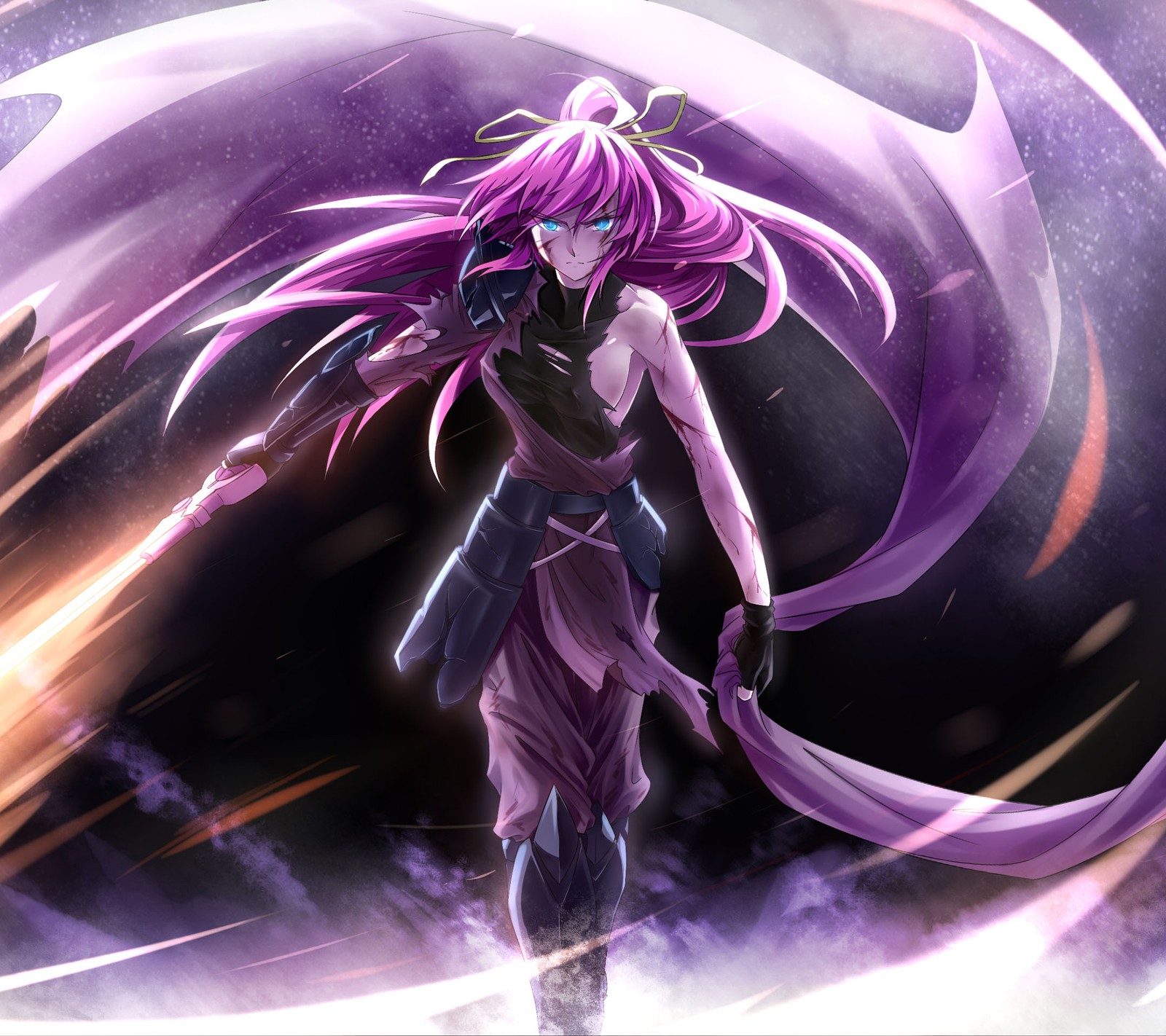 Chica de anime con cabello largo rosa y vestido morado caminando por un espacio oscuro (lyrical nanoha, mahou shoujo, signum)