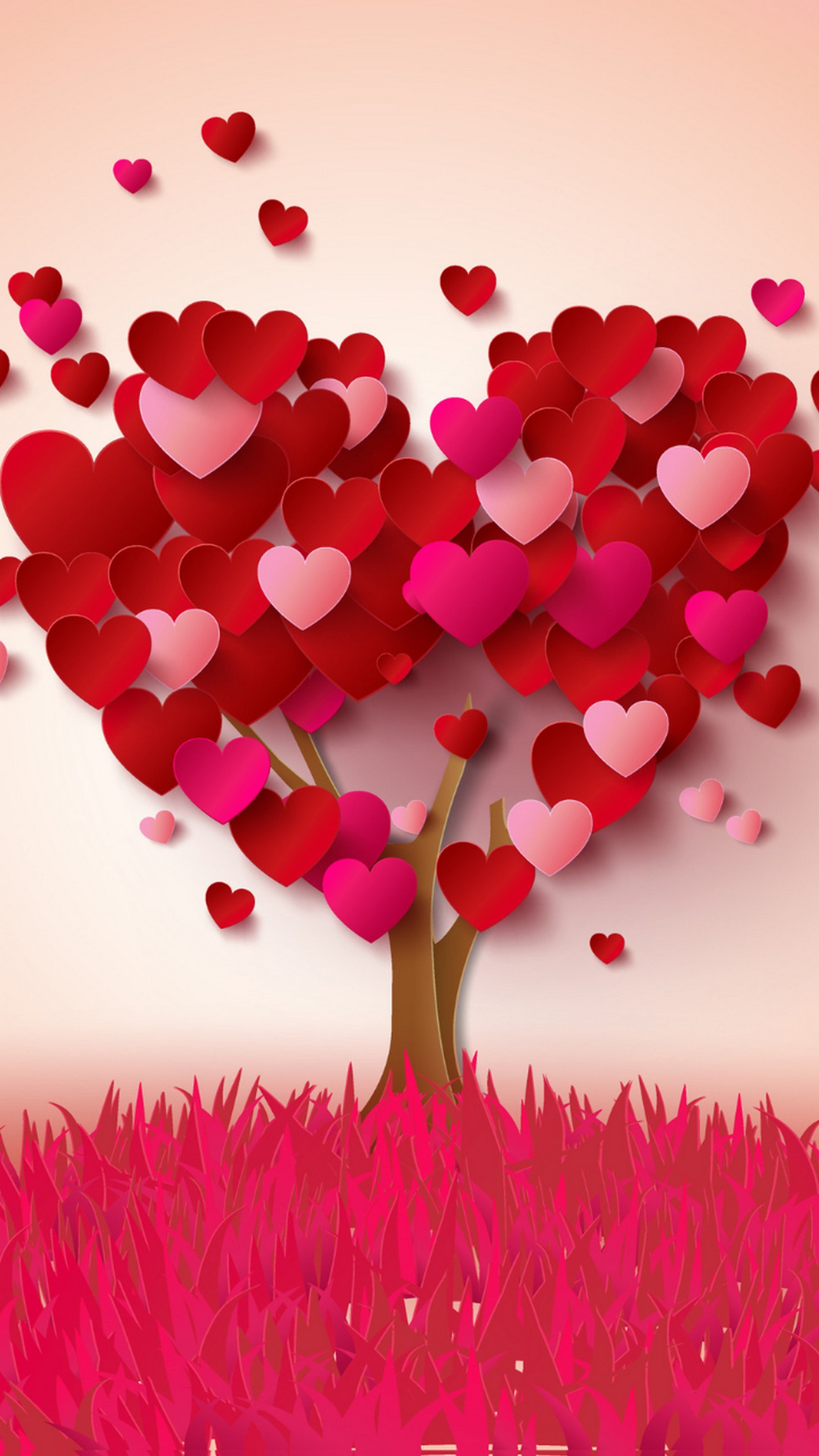 Hay un árbol con muchos corazones en la hierba (rosa, amor, árbol, corazones, rubí)