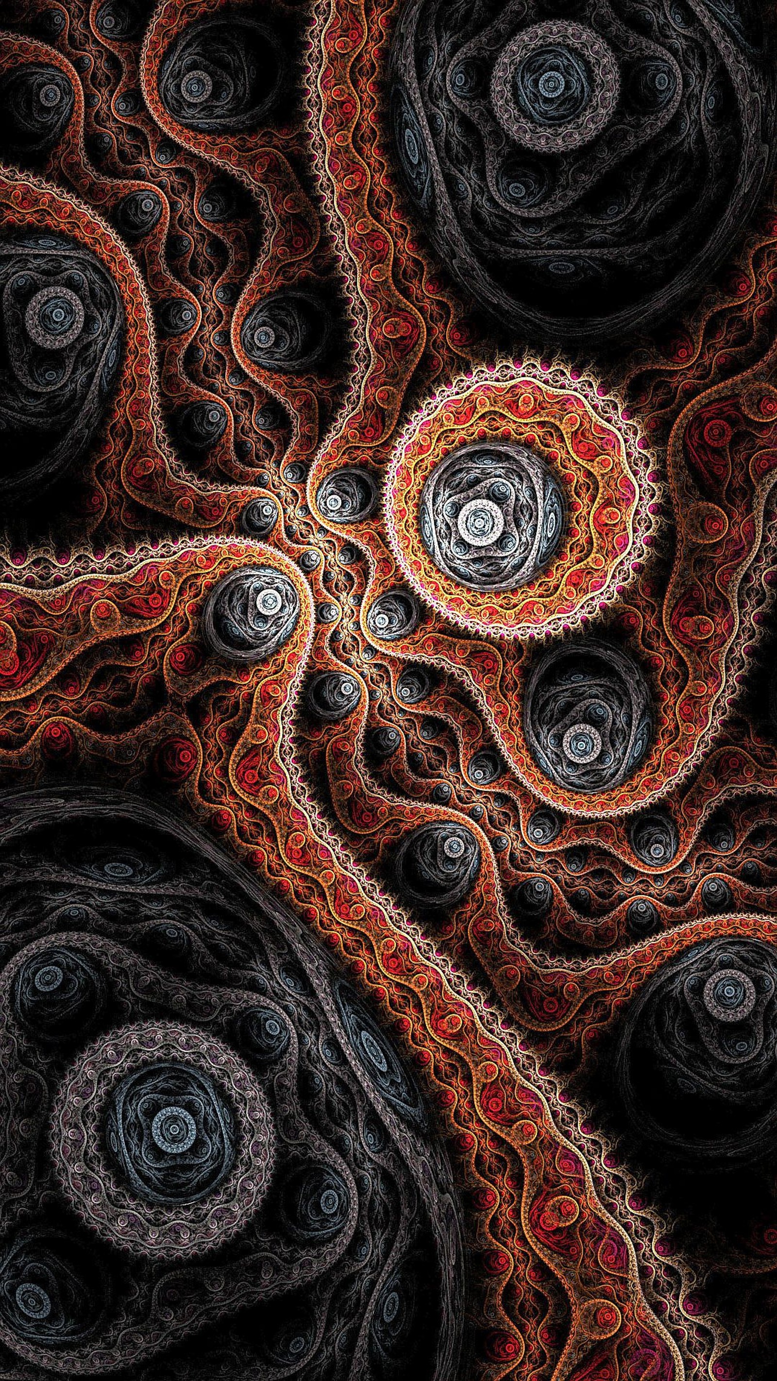 Un primer plano de una imagen generada por computadora de un diseño en espiral (negro, arte fractal, remolinos fractales, otro, rojo)