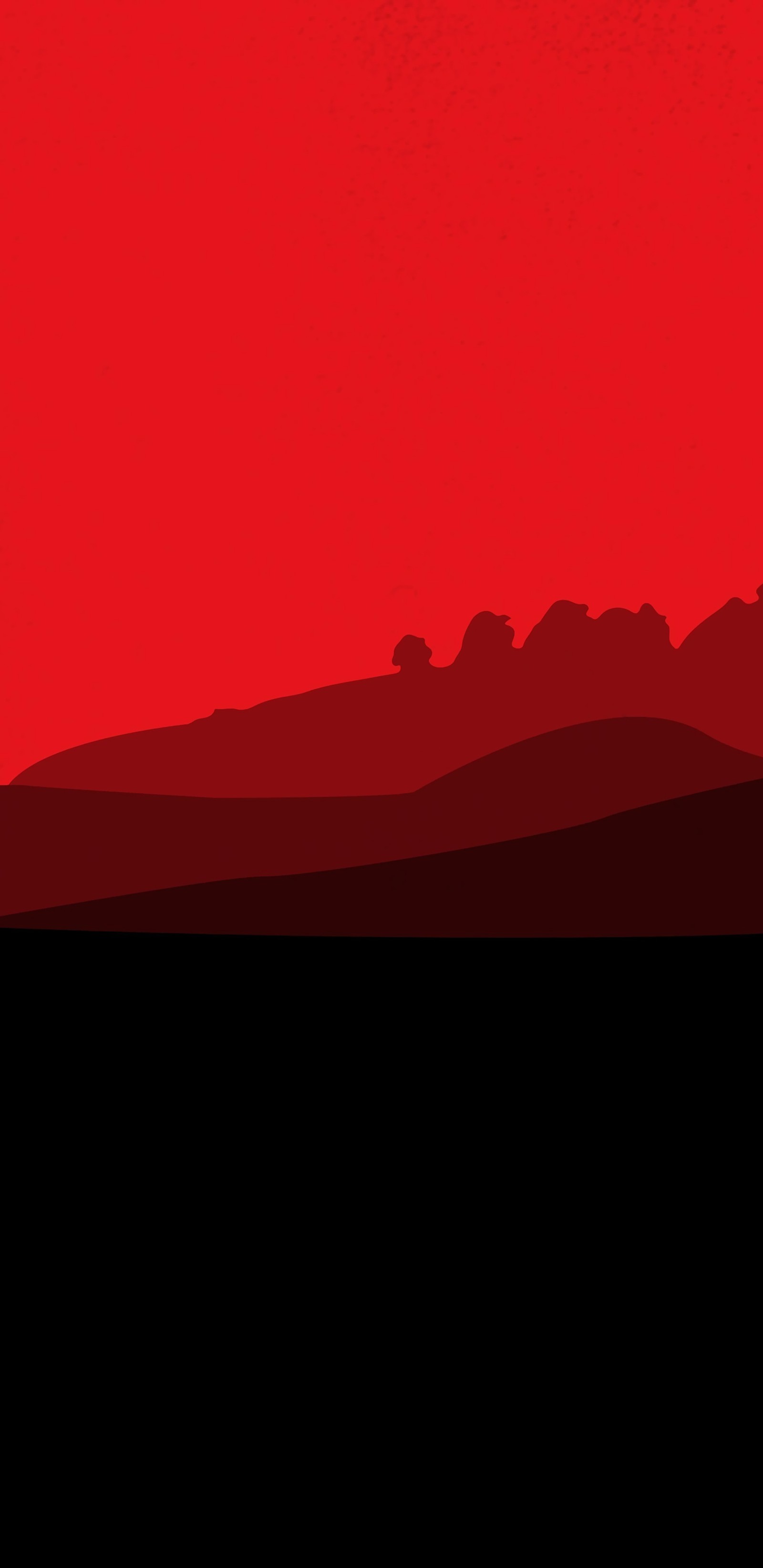 Il y a un ciel rouge avec une montagne noire en arrière-plan (amoled, noir, sombre, plat, collines)