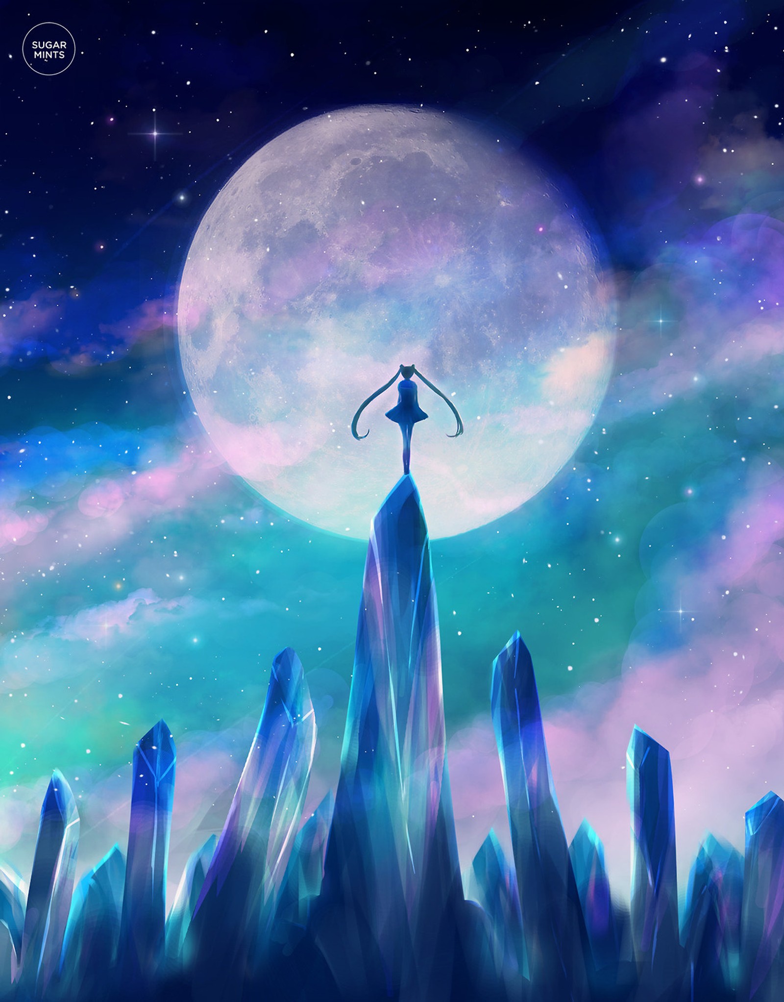 Anime girl standing on a rock with a full moon in the background (sailor moon, sailor, moon, usagi, prism)