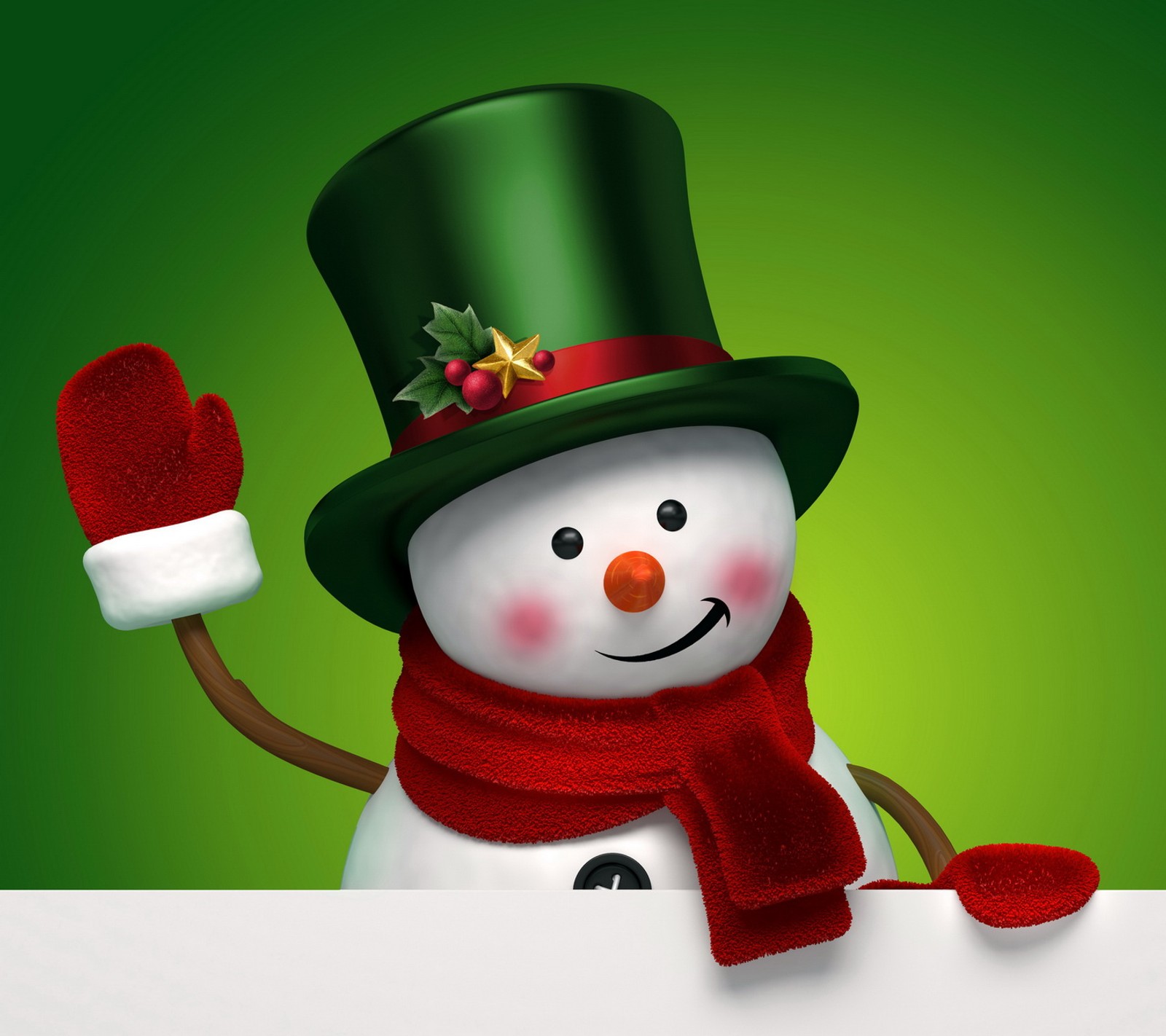 Arafed snowman with a green hat and red scarf holding a sign (3d, christmas, cute, happy, merry)