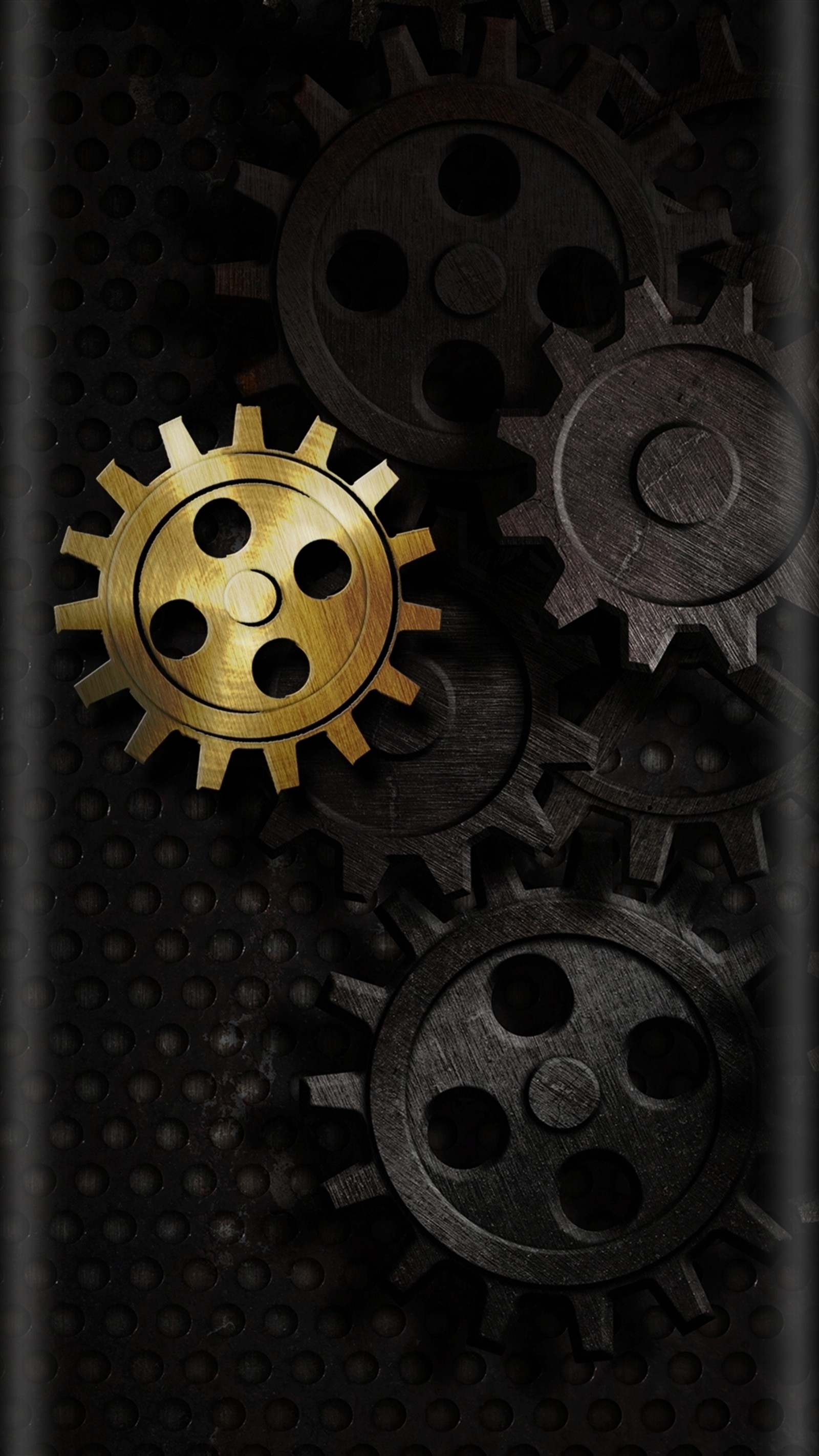 Gears are arranged in a pattern on a black background (beauty, black, edge design, gears, gold)