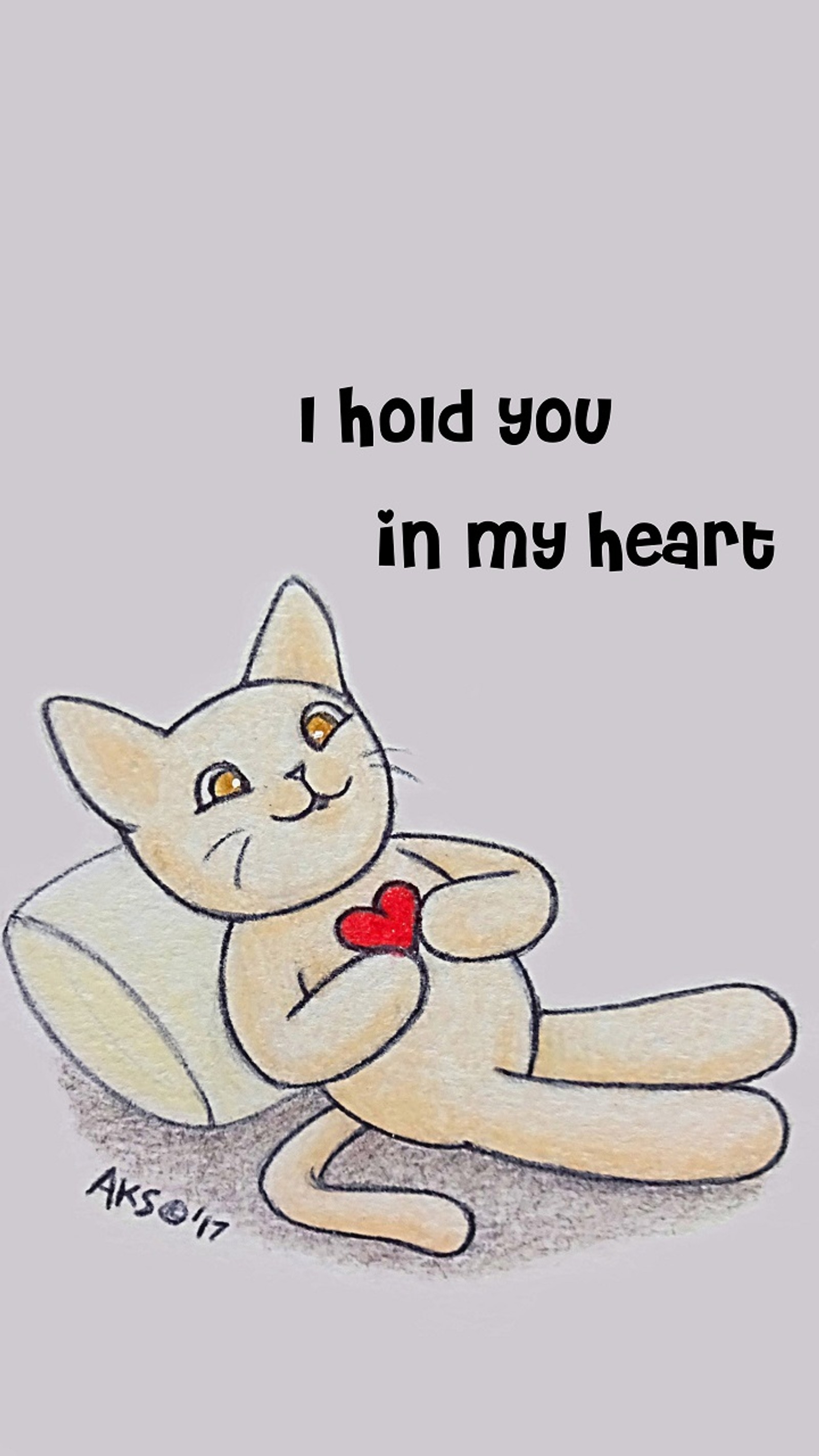 Drawing of a cat with a heart in its paws (always, animals, anime, art, cartoon)