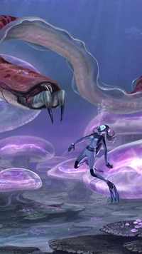 Underwater Encounter in Subnautica: A Diver Faces a Giant Sea Creature