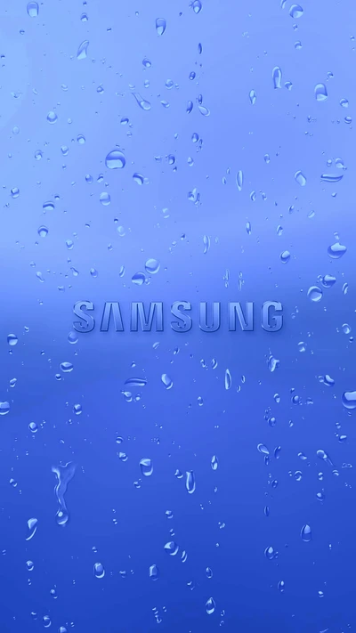 Fondo azul con gotas de agua que presenta el logo de Samsung.