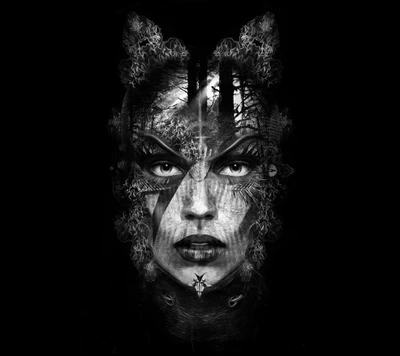 A striking, monochromatic portrait blending elements of Catwoman's mask with a mystical forest backdrop, embodying the duality of nature and urban heroism in the DC Comics universe.