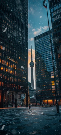 Toronto Skyline at Dusk: A Towering View Between Skyscrapers