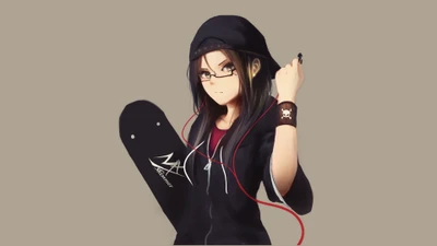 Fille anime kawaii en hoodie avec des lunettes et une planche à roulettes