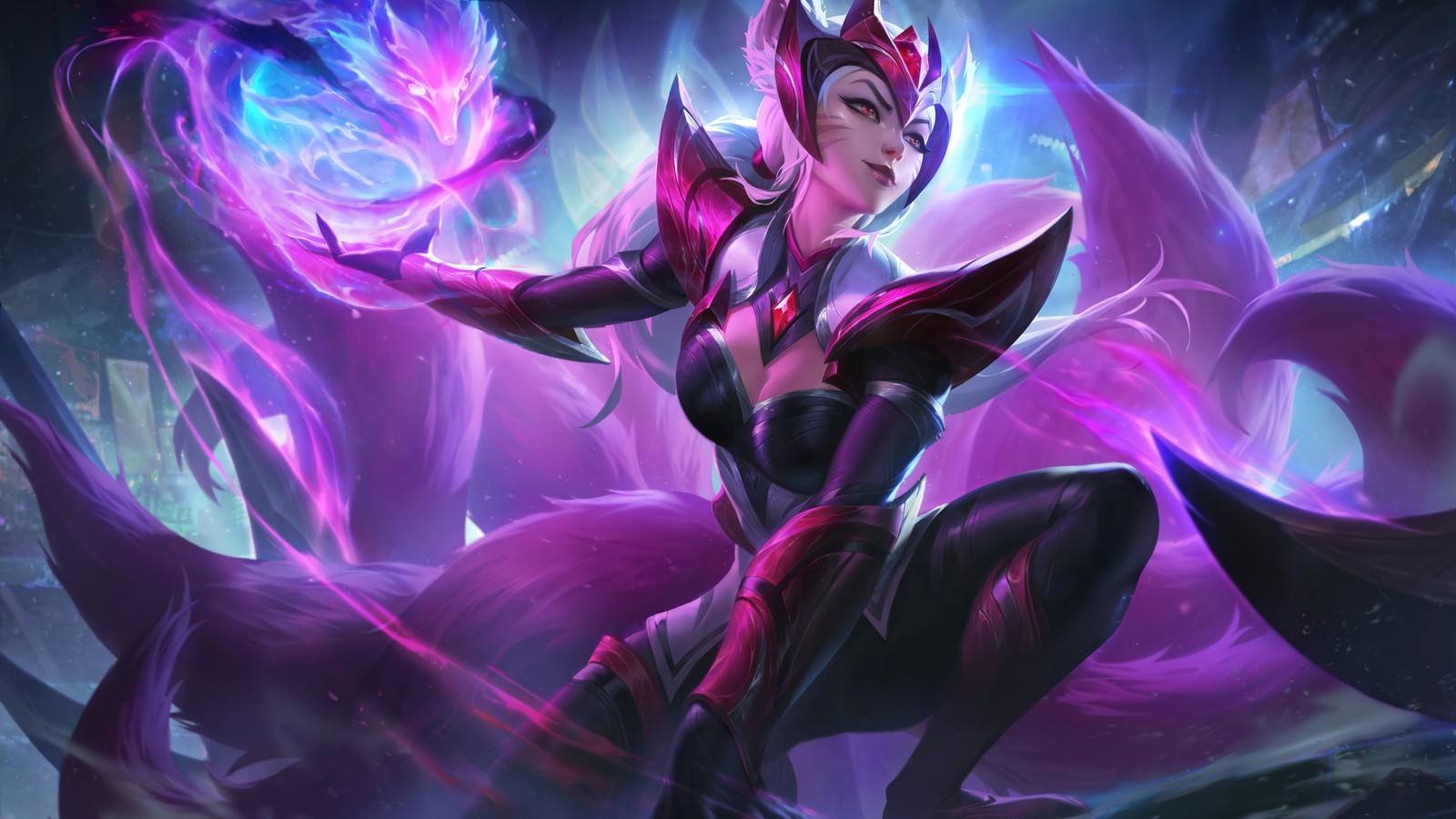 A woman in a black outfit holding a purple ball (challenger, ahri, asu, update, lol)