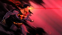 Superman unleashes heat vision in a dynamic comic action scene.