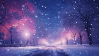 night, snow, road, scenery wallpaper