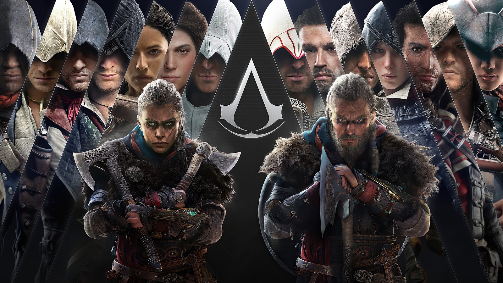 A group of men in armor standing in front of a black background (assassins creed valhalla, ac valhalla, video game, characters)