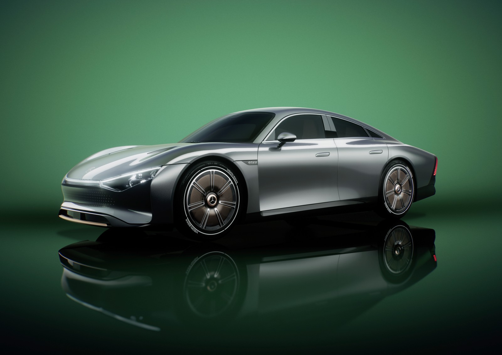 Un coche plateado con techo negro y un fondo verde (mercedes benz vision eqxx, 5k, coches conceptuales, coches eléctricos, 2022)