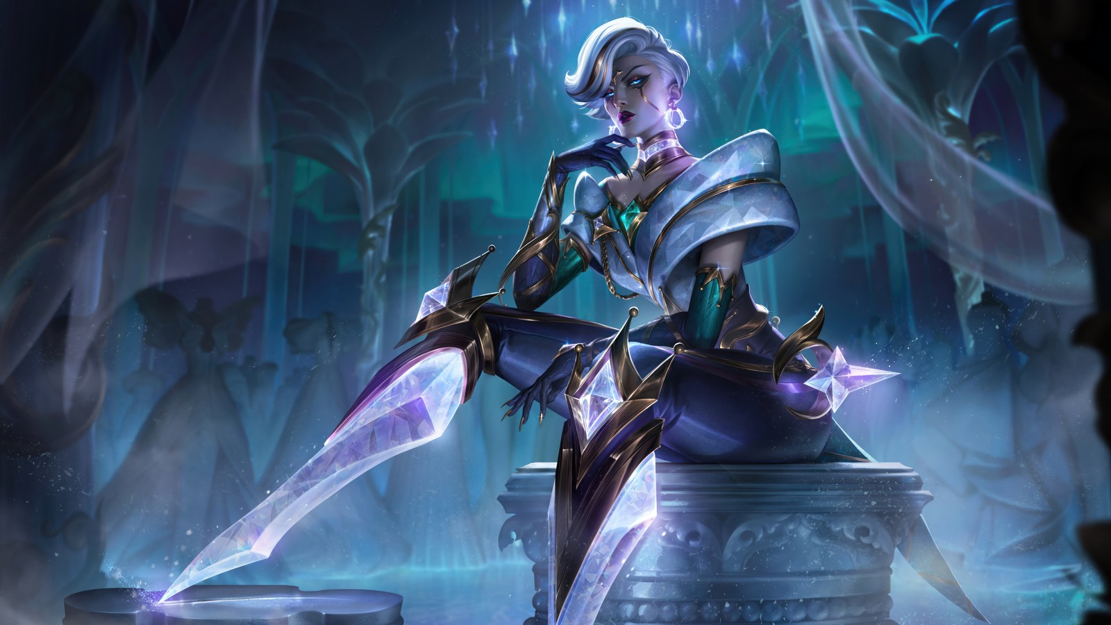 A woman in a white outfit holding a sword in a cave (winterblessed, camille, prestige edition, league of legends, video game)