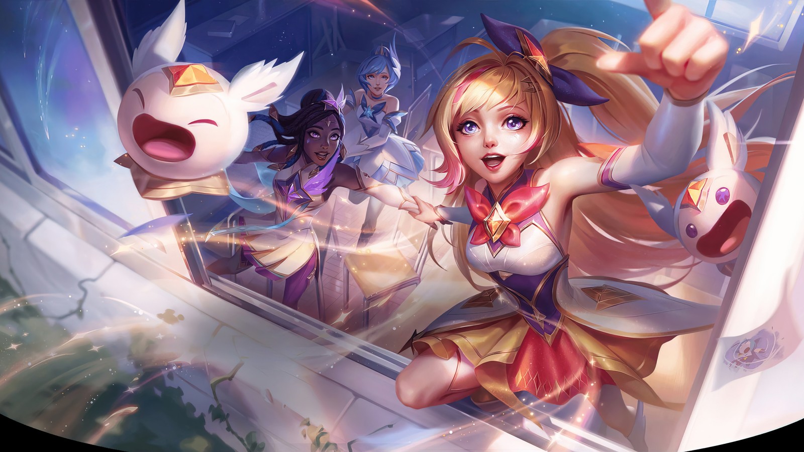 Des personnages d'anime conduisant une voiture avec un oiseau sur le toit (gardien des étoiles, seraphine, senna, orianna, league of legends)