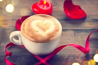 Cappuccino quente com design de coração cercado por rosas e luz de velas