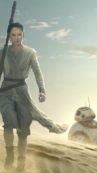 Rey and BB-8 on a desert landscape, embodying the spirit of adventure in the Star Wars universe.