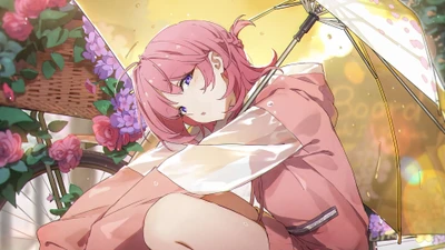 Fille d'anime avec des cheveux roses tenant un parapluie entourée de fleurs