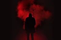 person silhouette, red smoke, dark place, hoodie, 5k wallpaper