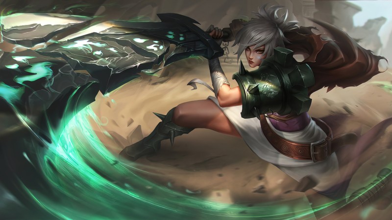 Женщина с мечом и зеленым светом в руке (riven, league of legends, lol, видеоигра)