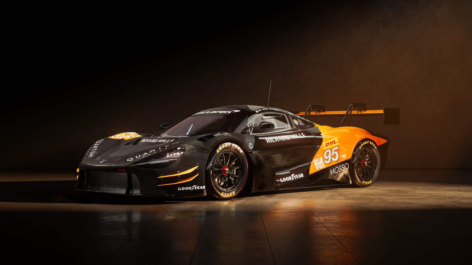 Arafed sports car with orange and black paint on it in a dark room (mclaren 720s gt3, fia world endurance championship, cars, 4k wallpaper)