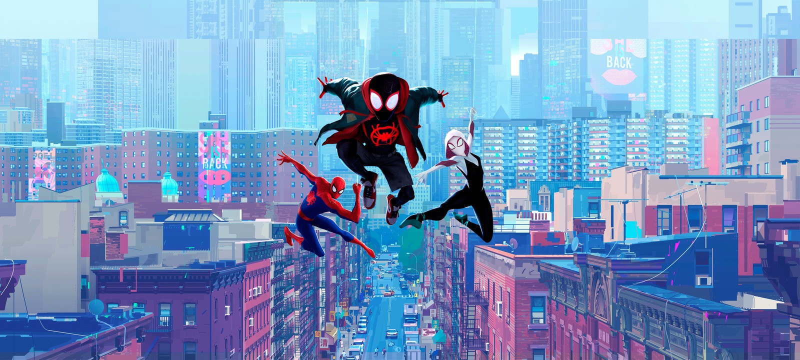 Spider-man et spider-man volant au-dessus d'une ville dans un style de dessin animé (spider man new generation, spider man into the spider verse, miles morales, spider man, spider gwen)